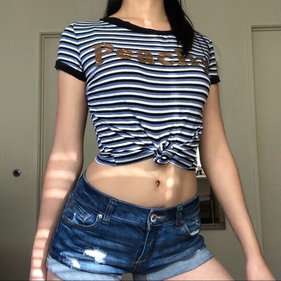 Blue & White Striped ‘Peachy’ Graphic T-Shirt - Picture 1 of 3